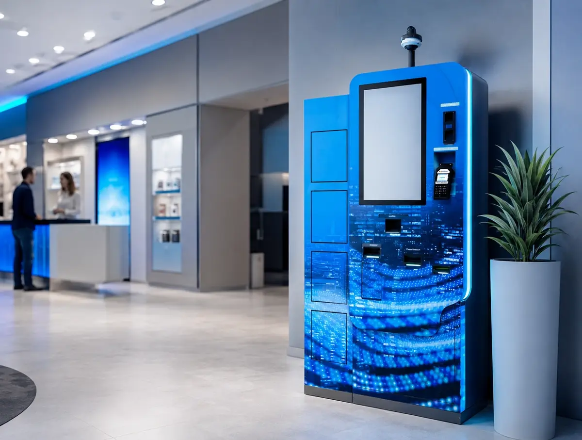 Kiosco Bio-Smart TouchColombia con branding Movistar en tienda
