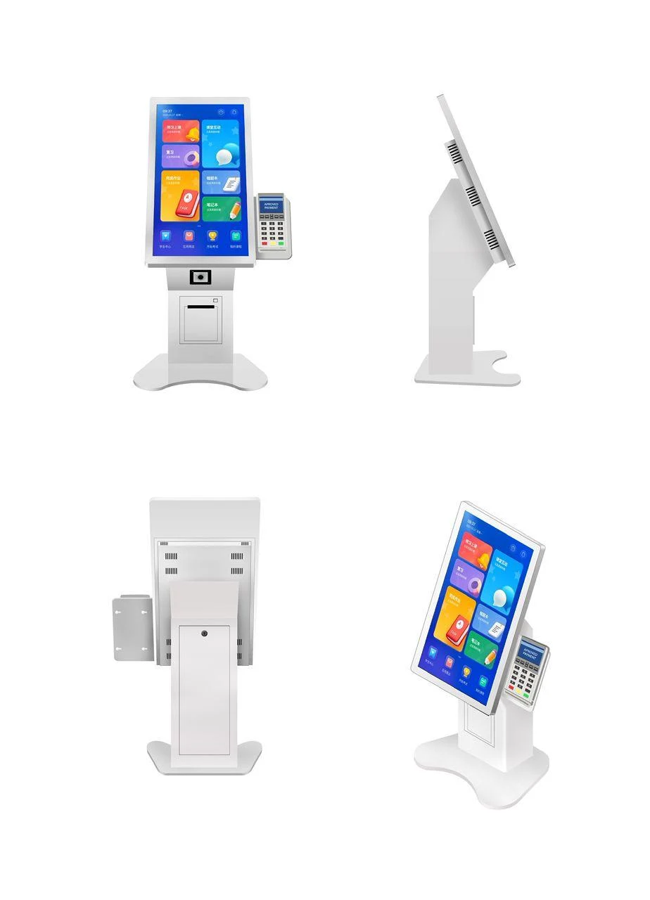 Kiosco de mostrador TouchColombia con datáfono integrado · cuatro perspectivas