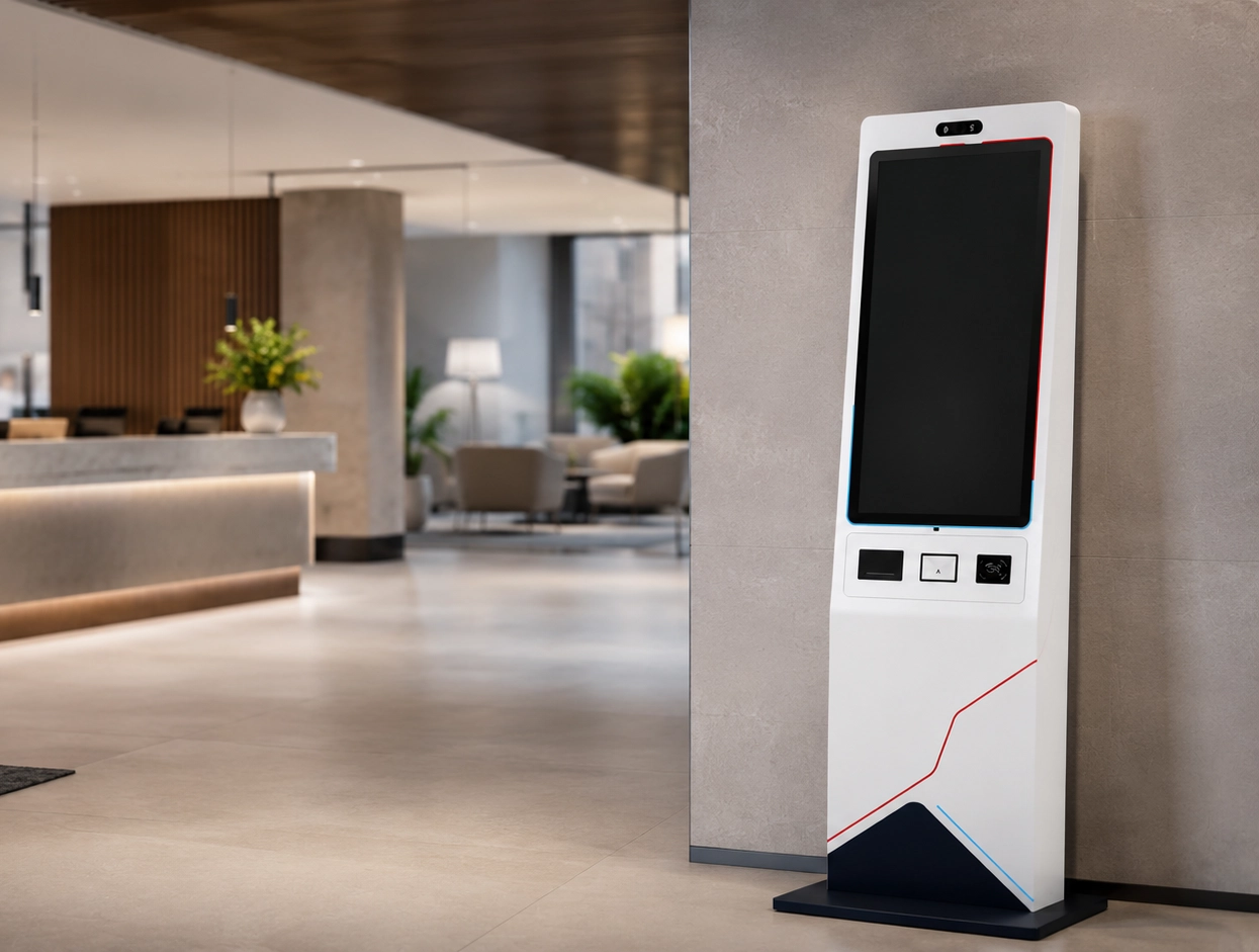 Kiosco self-checkout TouchColombia en lobby corporativo