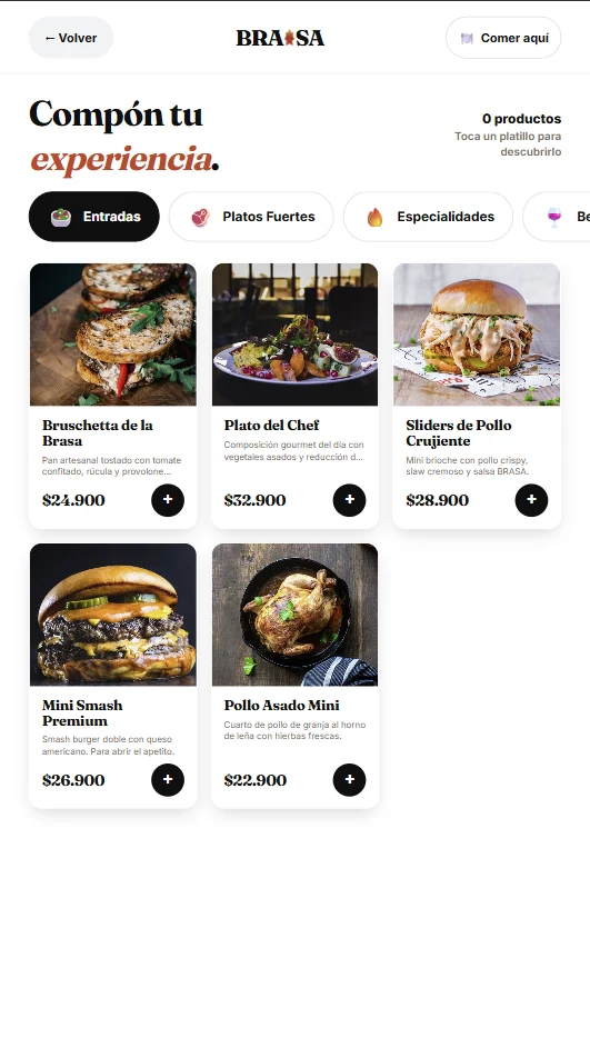 Pantalla del menú BRASA con categorías Entradas, Platos Fuertes y Especialidades