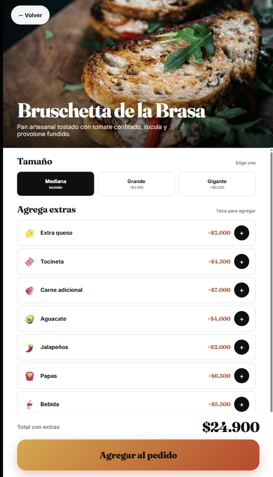 Pantalla de detalle con modificadores de tamaño y extras de upselling