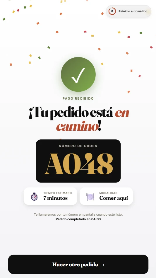Pantalla de confirmación del pedido con turno y tiempo estimado