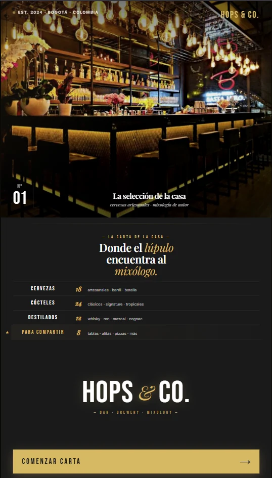Pantalla de bienvenida HOPS&CO con paleta oscura y dorada