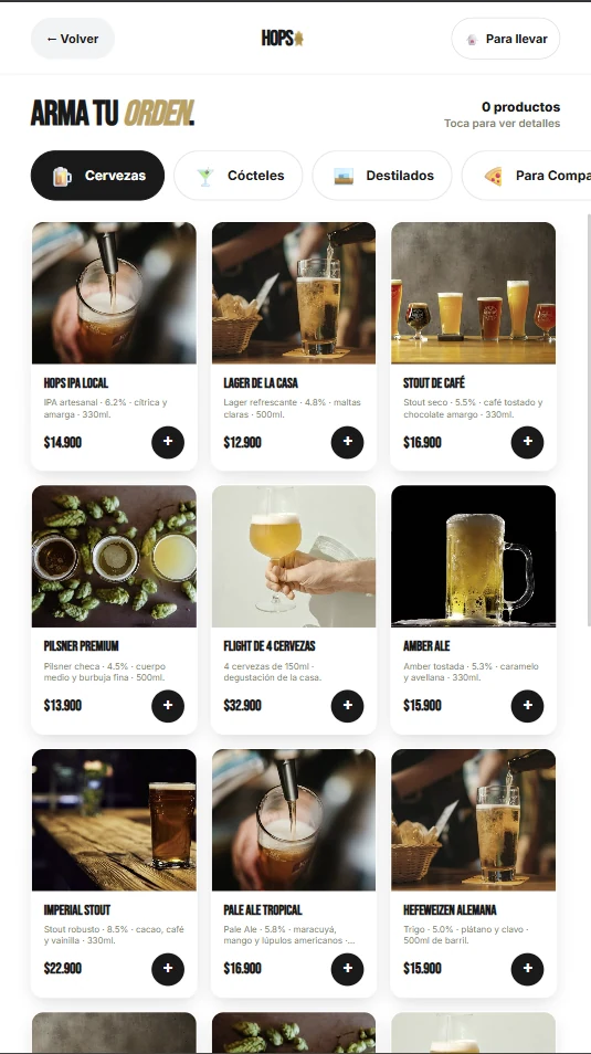Carta de cervezas HOPS con grid de IPAs, Amber Ales y barras