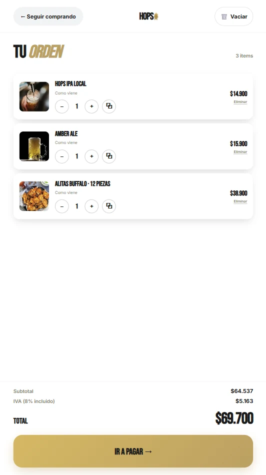 Carrito HOPS con orden de cervezas y alitas, total $69.700
