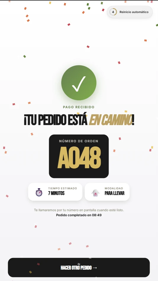 Pantalla final HOPS con confirmación del pedido
