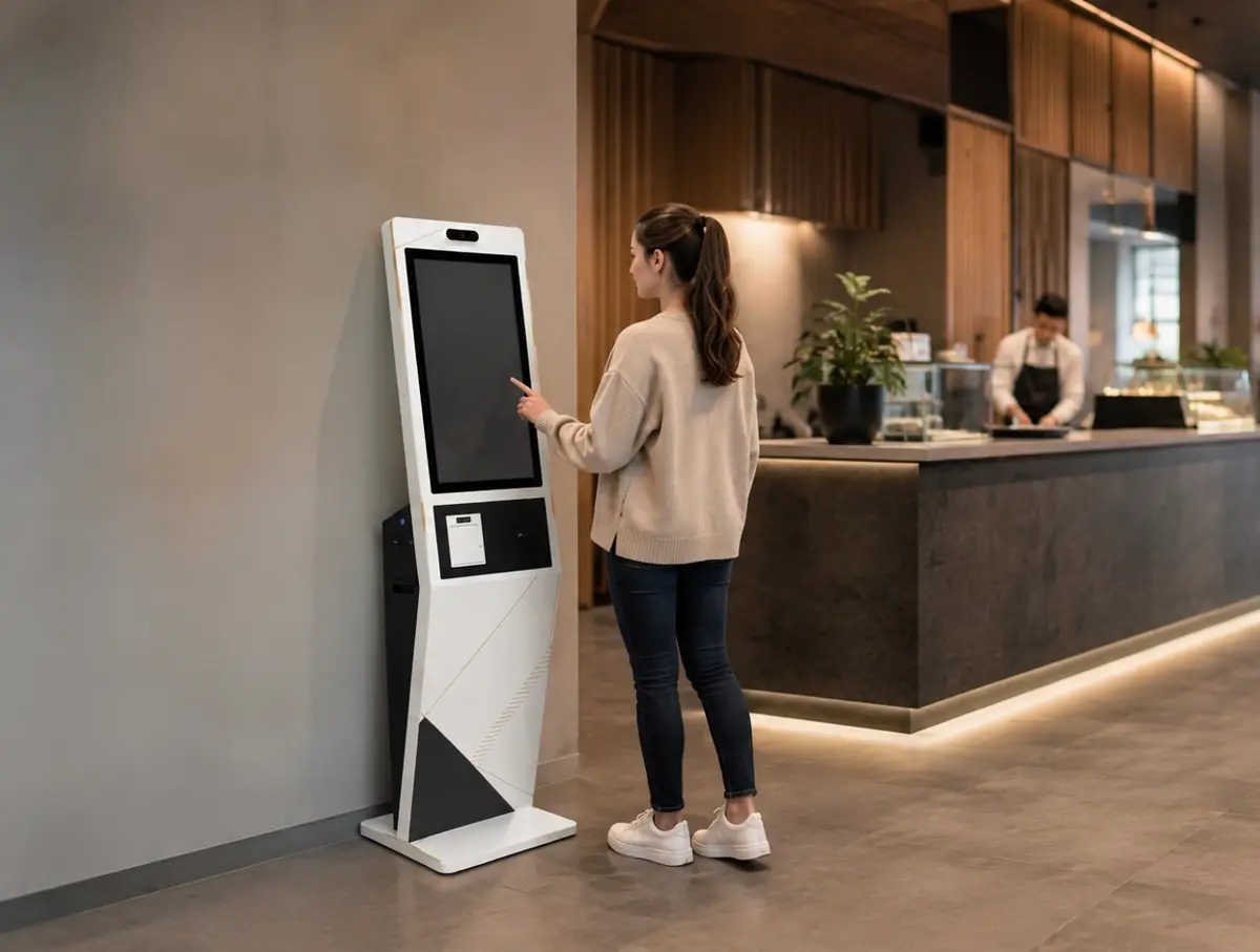 Kiosco TouchColombia vista 3/4 con menú BRASA en pantalla