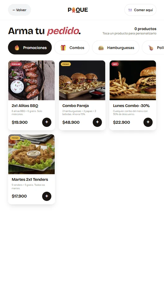 Menú PIQUE con categorías y fotos de platos