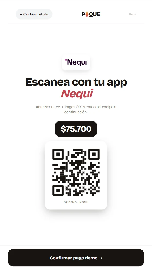 Pantalla de pago PIQUE con medios de pago