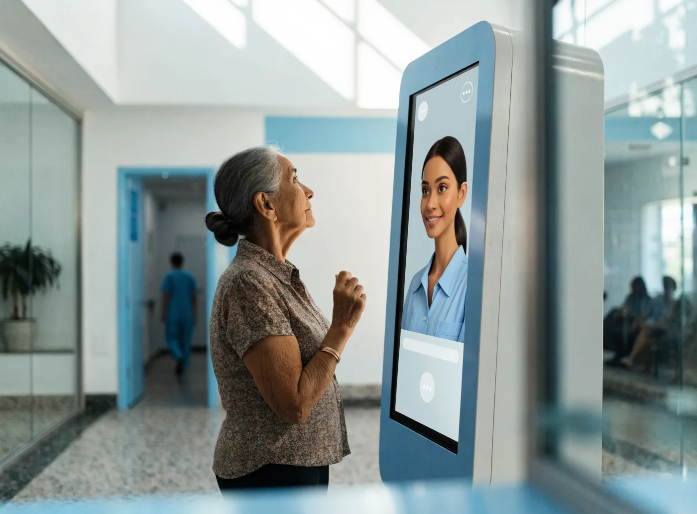 Paciente adulta mayor interactuando con el avatar de inteligencia artificial en un kiosco TouchColombia