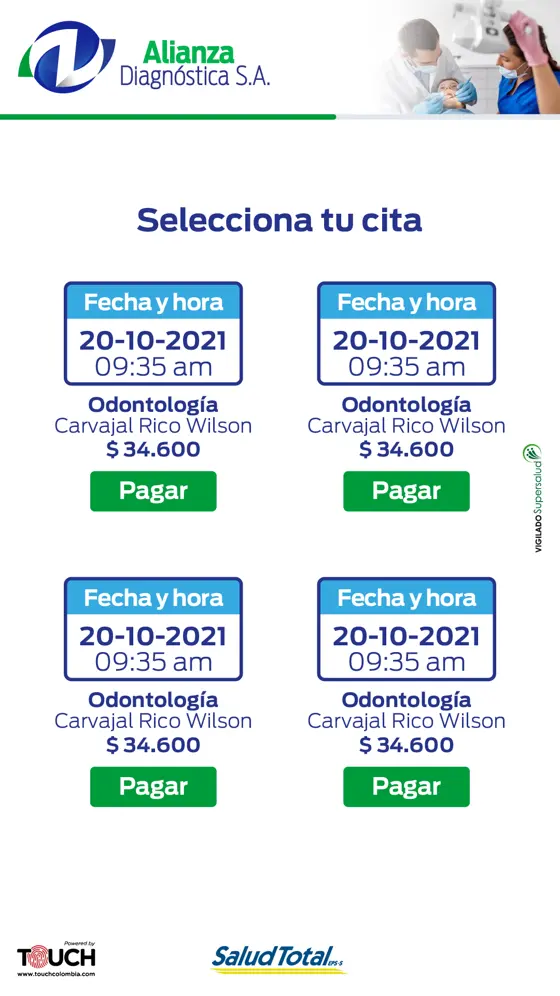 Interfaz real del kiosco · Alianza Diagnóstica · Selección de cita