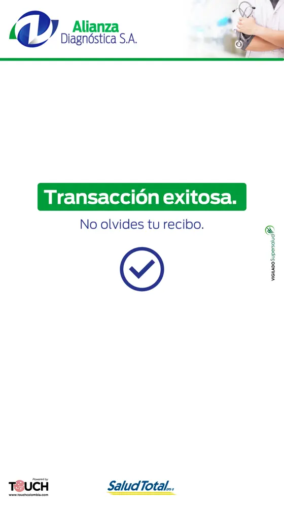 Interfaz real del kiosco · Alianza Diagnóstica · Transacción exitosa