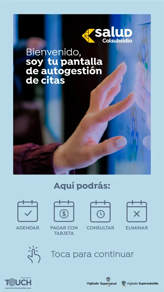 Interfaz real del kiosco · Colsubsidio Salud · Portada de marca