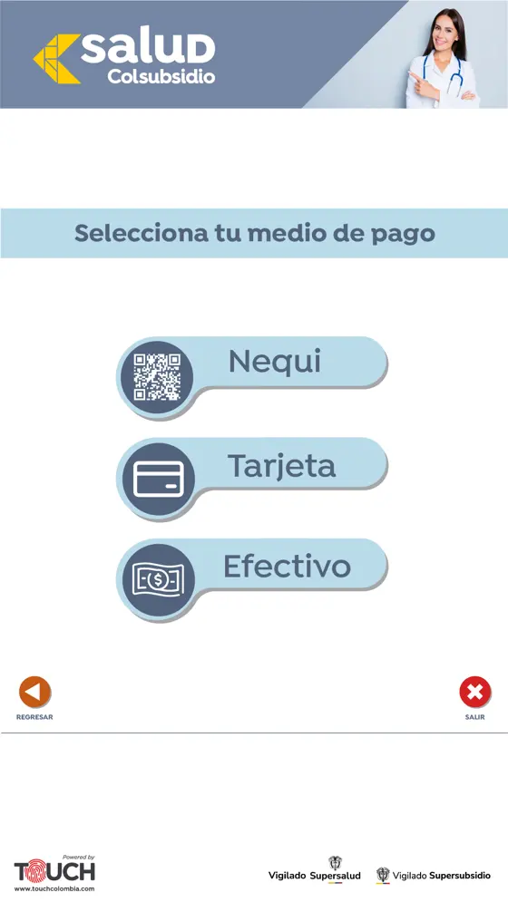 Interfaz real del kiosco · Colsubsidio Salud · Medios de pago