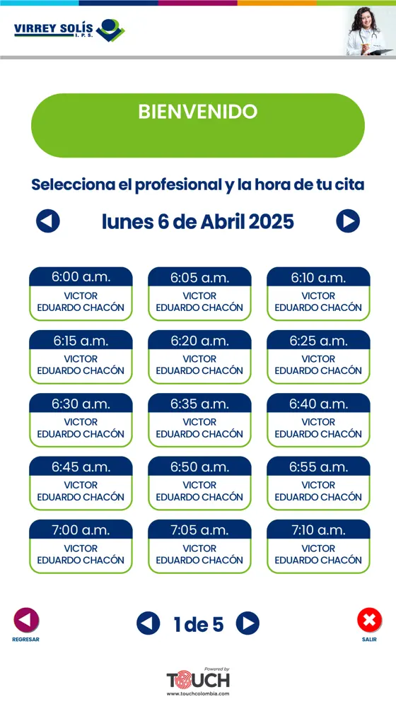 Interfaz real del kiosco · Virrey Solís · Agenda médica