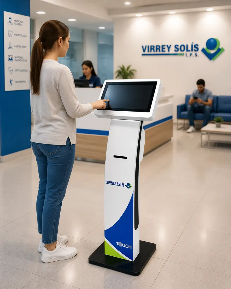 Atril de autogestión TouchColombia con branding Virrey Solís instalado en producción