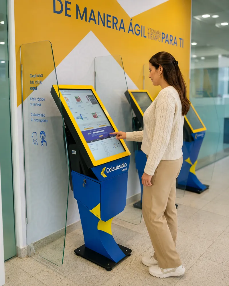 Kiosco de piso TouchColombia con branding Colsubsidio instalado en producción