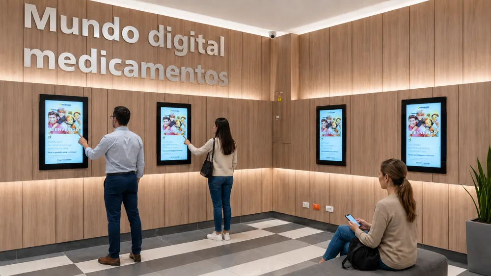 Pantallas TouchColombia del mundo digital de medicamentos operando en Colsubsidio